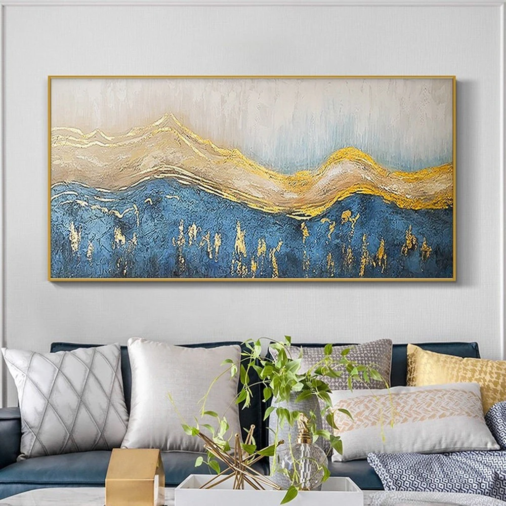 

Hand Painted Oil Painting Abstract Gold Foil Beach Landscape Original Blue Waves Texture Modern Wall Art Bedroom Home Decor