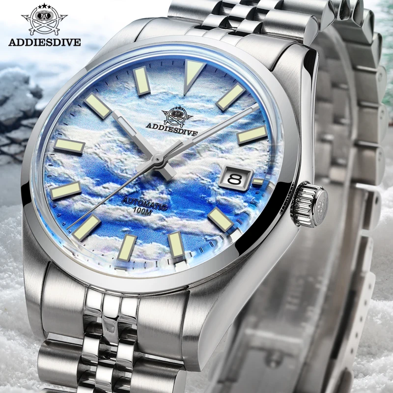 

ADDIESDIVE TOP Mechanical Watch 10Bar Diver BGW9 Blue Luminous 3D Sea Of Clouds Dial Bubble Mirror Glass Reloj Hombre Men Watch