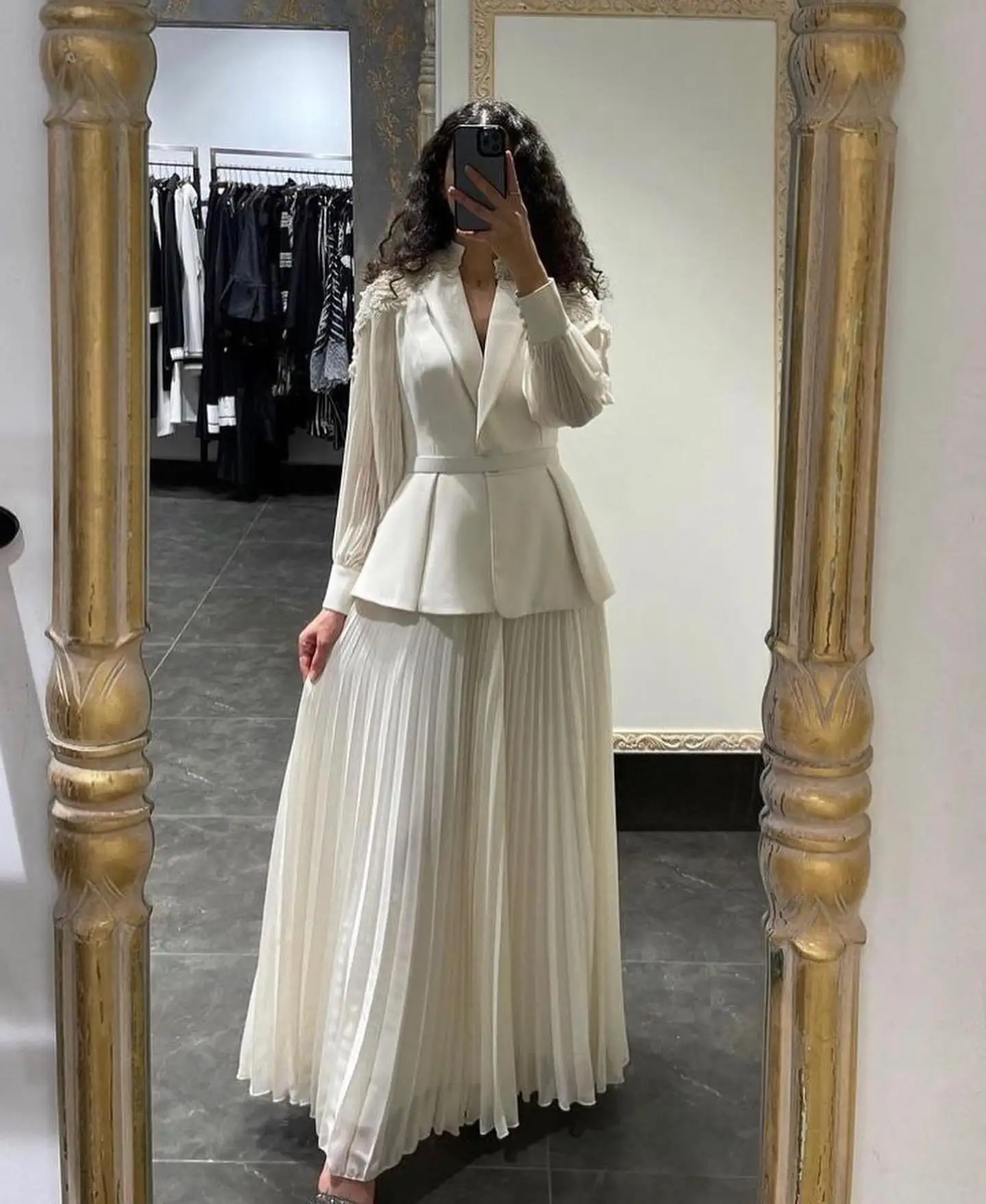 

Cenove White A-Line V Neckline Prom Dress Long Sleeves And Ankle Length With Draped Evening Summer Party Dress For Women