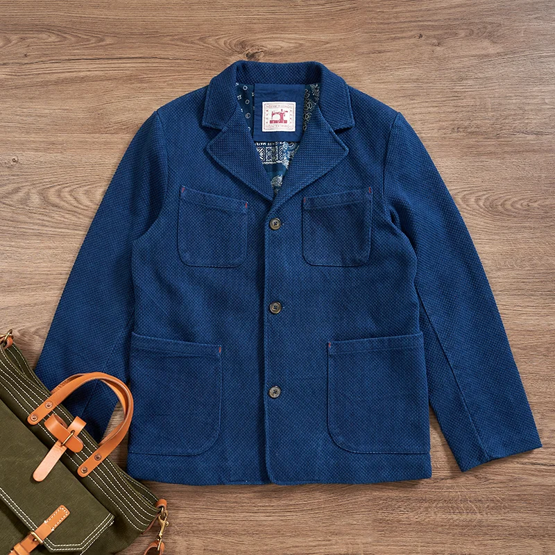 

Men's Corduroy Jacket Indigo Blue Regular Fit Elegant Casual Vintage French Style Sack Suit Spring Autumn