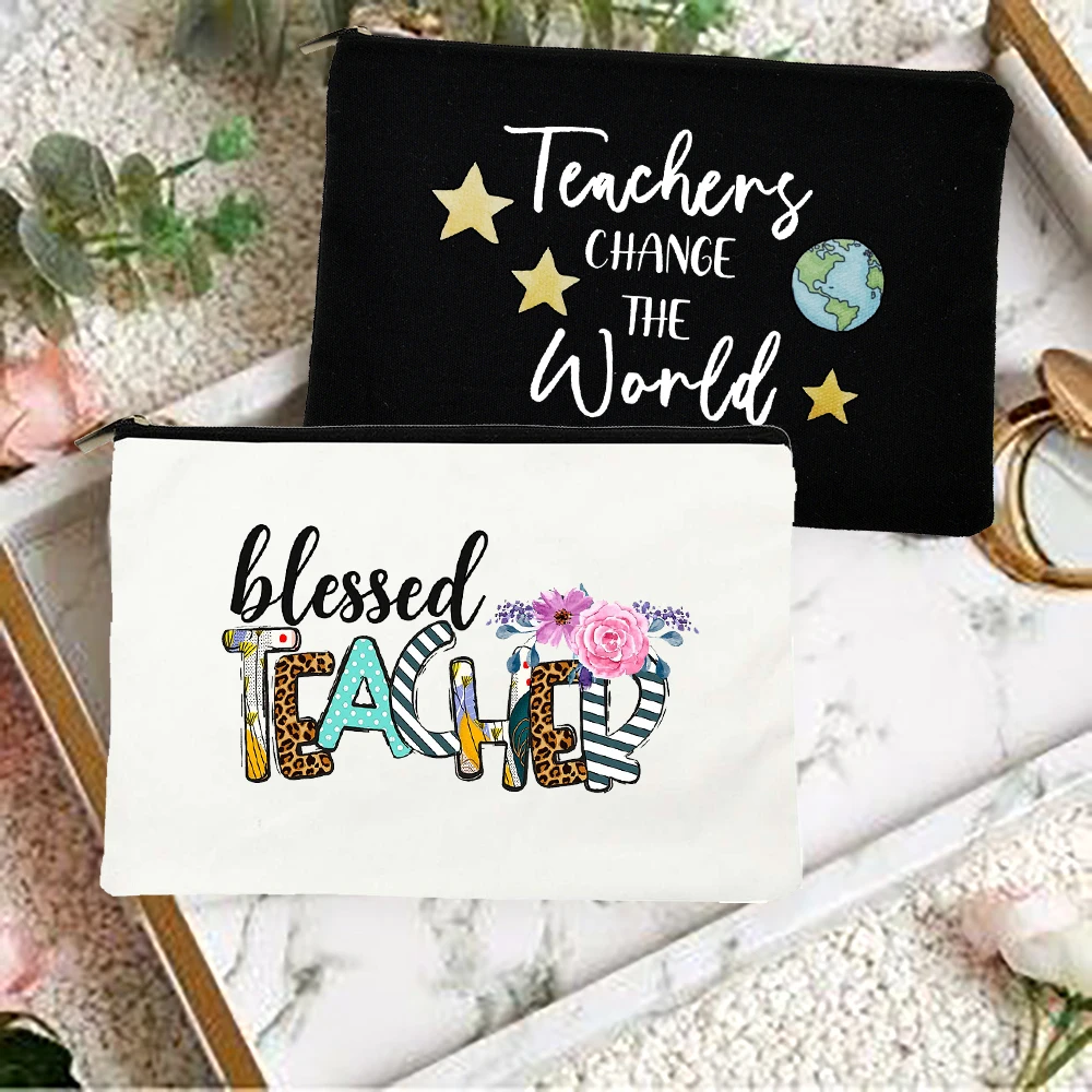 

Blessed Teacher Women Cosmetic Cases Bag Makeup Pouch Handbag Teacher Change The World Printed Female Teachers Day Present