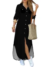 Fashion Long Sleeve Shirt Dress Turndown Neck Maxi Dress Spring Women Elegant Loose Vestidos Simple Casual Skirt