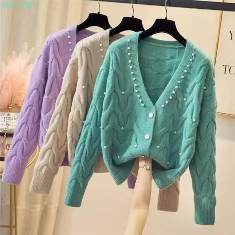 

Autumn Long Sleeve Cardigan Sweater Winter Soft Warm Cashmere Jacket Knitwears Vintage Beading V-Neck Cardigan Jumper 29007