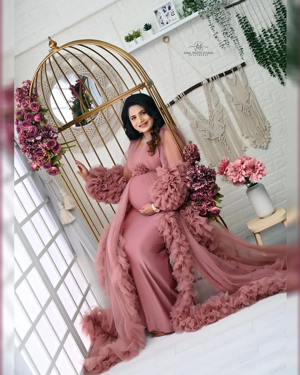 

Brown Women Pregnant Prom Dress Puffy Tiered Tulle Full Sleeves Luxury Photograph Evening Party Gown Robe( no underwear clothes)