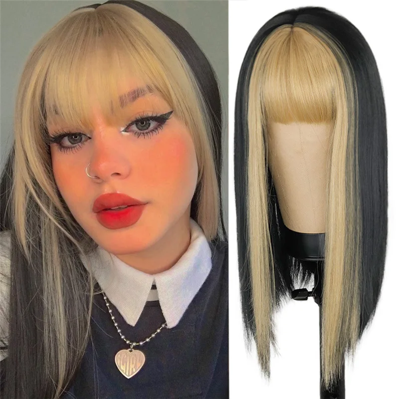 

Jennie same style golden bangs dyed wig female long straight hair chemical fiber headgear synthetic hair wig for women