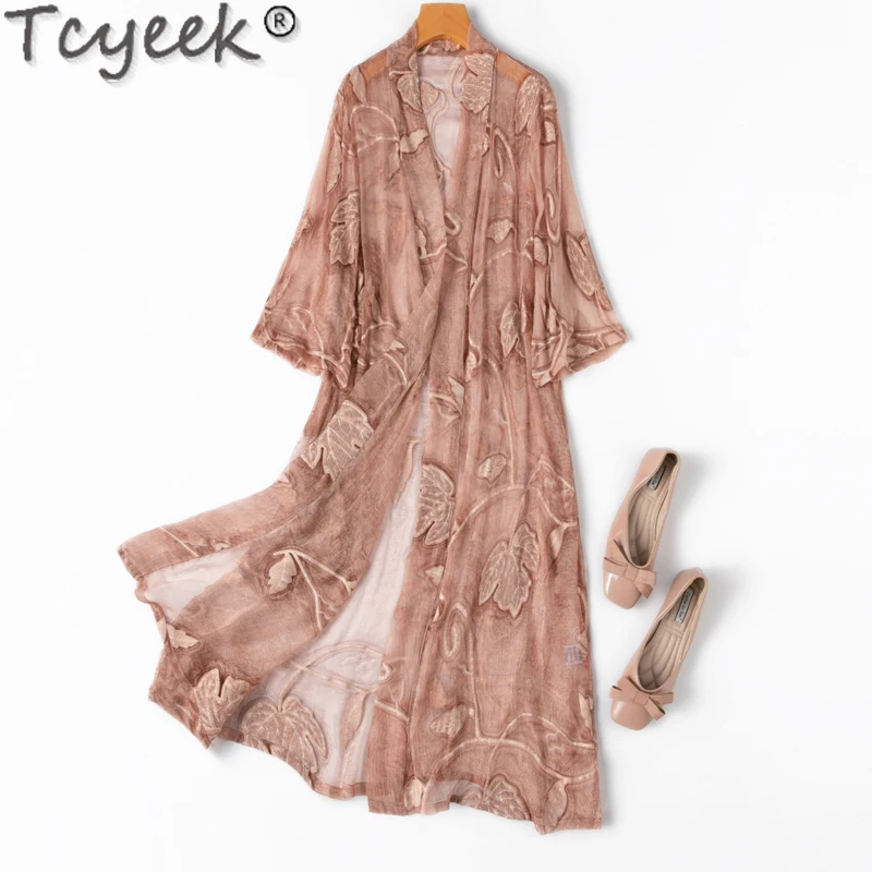 

Tcyeek Spring Summer 100% Mulberry Silk Shawl Thin Cover-ups Sunscreen Clothing Female Embroidery Cardigan Women's Windbreaker