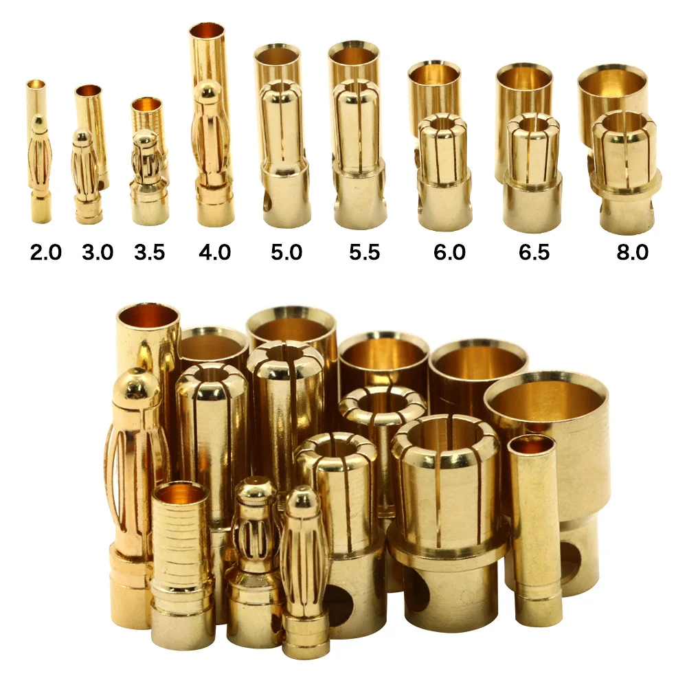 

10Pair 2.0mm 3.0mm 3.5mm 4.0mm 5.5mm 6.0mm 8.0MM Gold Bullet Banana Connector Plug for ESC Lipo RC battery Plugs
