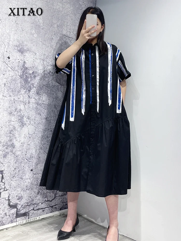 

XITAO Casual Striped Dress Appear Thin Temperament 2024 Summer New Arrival Loose Fashion Single Breasted Shirt Dress SMH1626