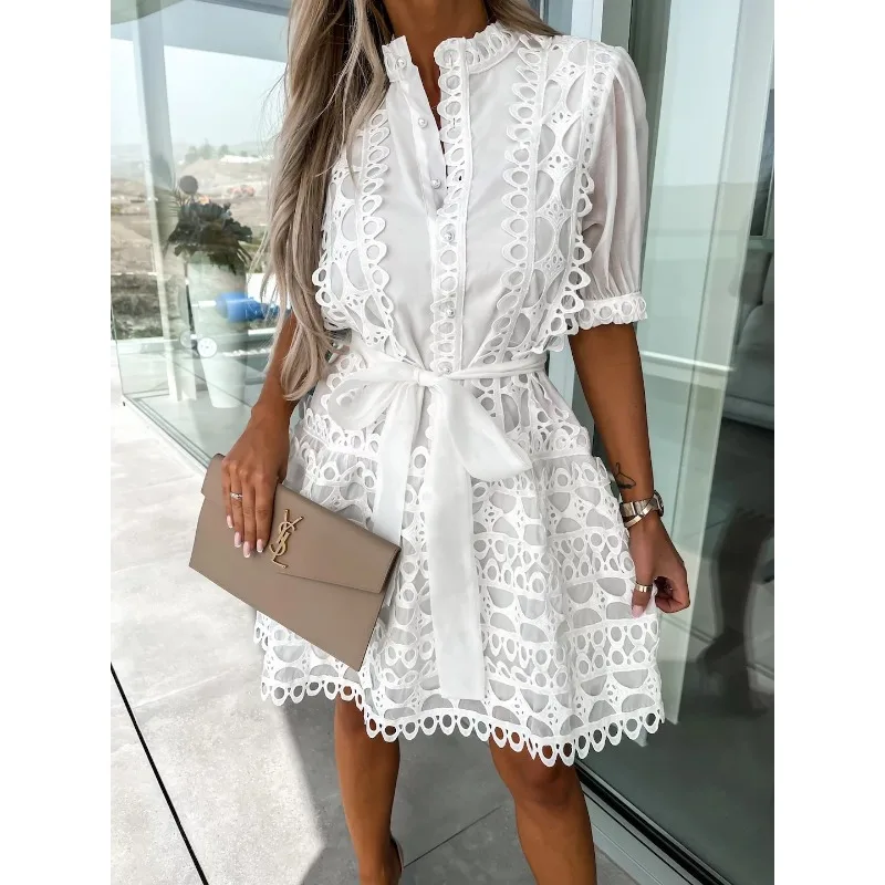 2023 Y2K INS Clothes Short Puff Sleeve Stand Collar Single Breasted Vacation Dress Elegant Lace Hollow Out Party Dress for Women 
2023 Y2K INS Clothes Short Puff Sleeve Stand Collar Single Breasted Vacation Dress Elegant Lace Hollow Out Party Dress for Women