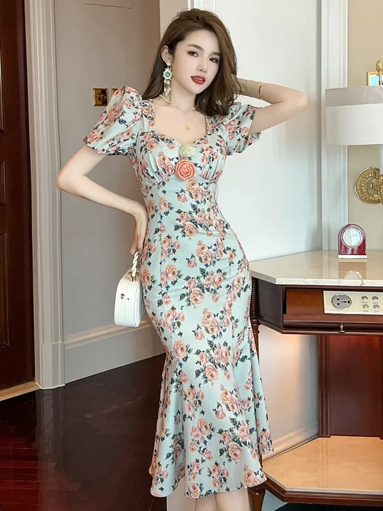 

TPJB Retro French Style Long Dress for Women Rose Print Elastic Flowers Bubble Sleeve Wrap Hip Fishtail Robe Femme Party Vestido