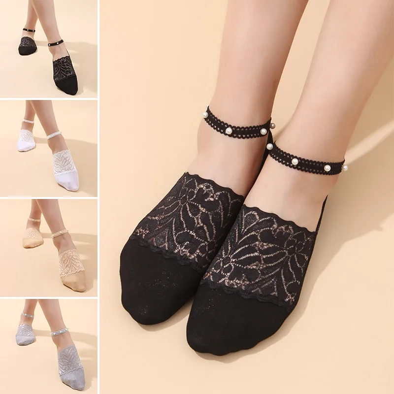 

1Pair Spring Socks Ankle Socks Thin Pearl Boat Sock Cotton Summer Solid Color Breathable Lace Socks