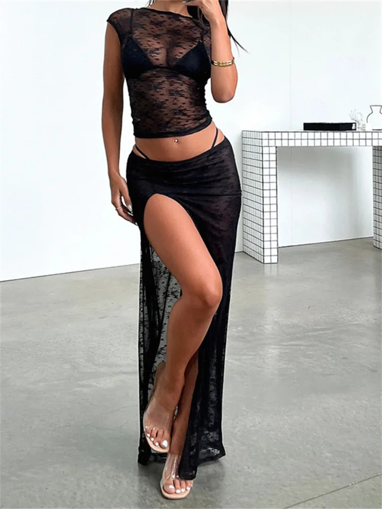Backless Lace-up T-shirts Crop Tops Low Waist Split Skirts Clubwear Women Lace Mesh See Through 2pcs Skirts Sets Y2K
Backless Lace-up T-shirts Crop Tops Low Waist Split Skirts Clubwear Women Lace Mesh See Through 2pcs Skirts Sets Y2K