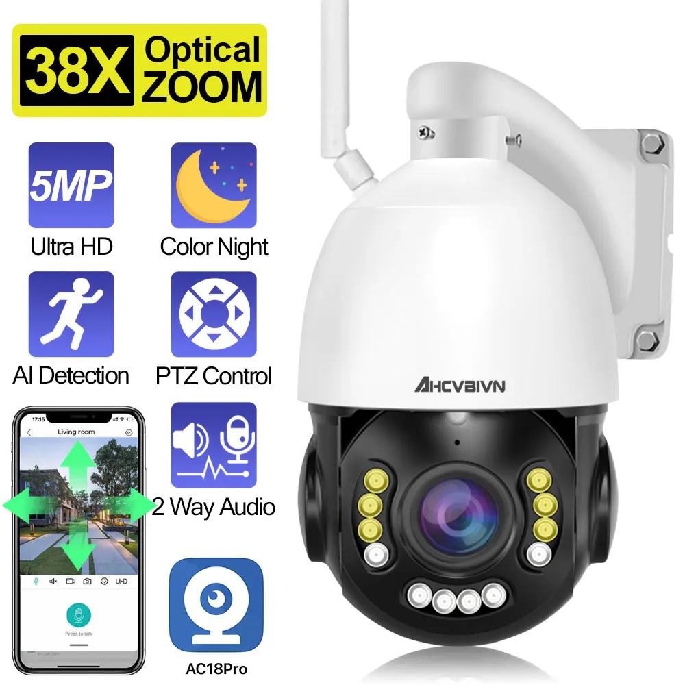 

5MP PTZ IP Camera 38x Optical Zoom Color Night Vision Wifi Outdoor Human AI Auto Tracking POE CCTV P2P Audio Surveillance Camera