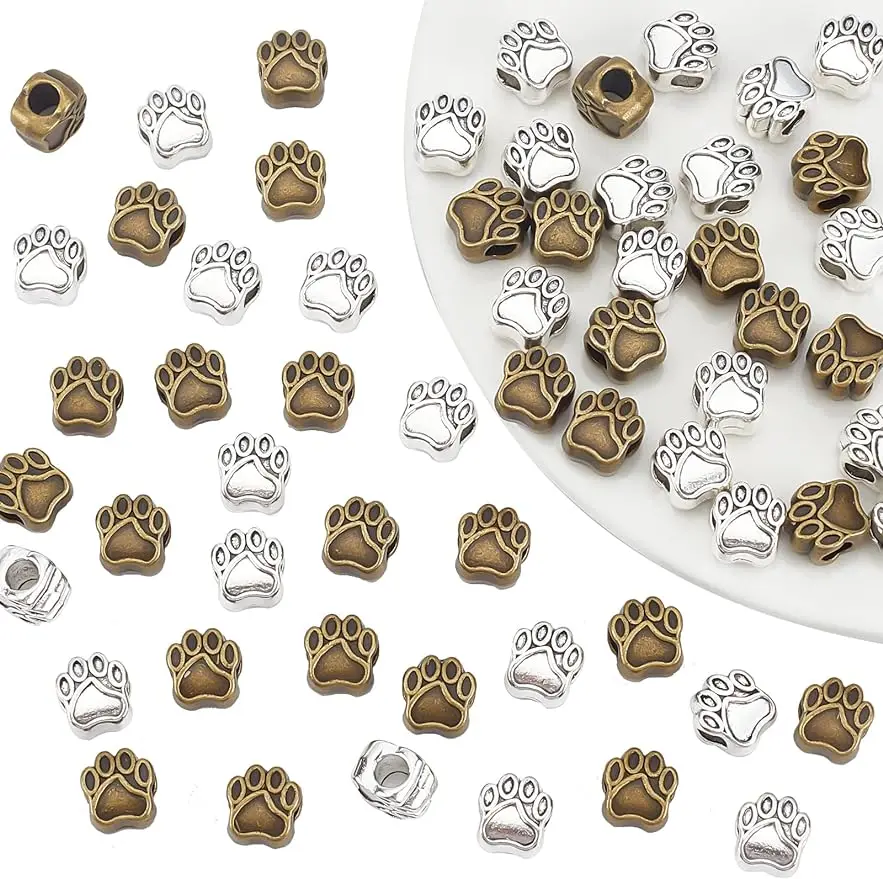 

60pcs Pet Dog Puppy Paw Prints Metal Beads Fit Charm for European Bracelet Necklace Jewelry Findings Antique Silver & Bronze