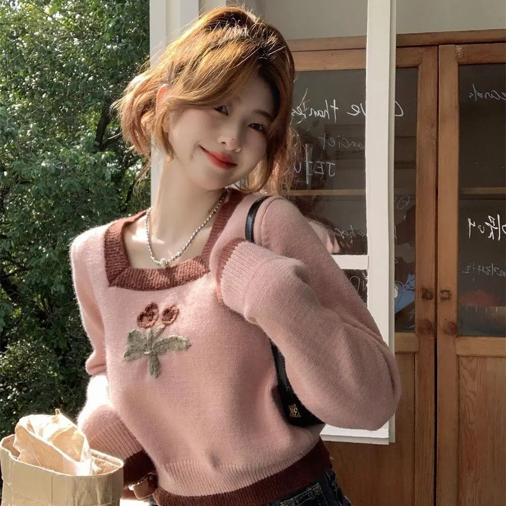 

Women Pink Sweater Kawaii Clothing Knit Pullover Y2k Crop Tops Embroidery Floral Coats Korean Chic Square Neck Long Sleeve Tops