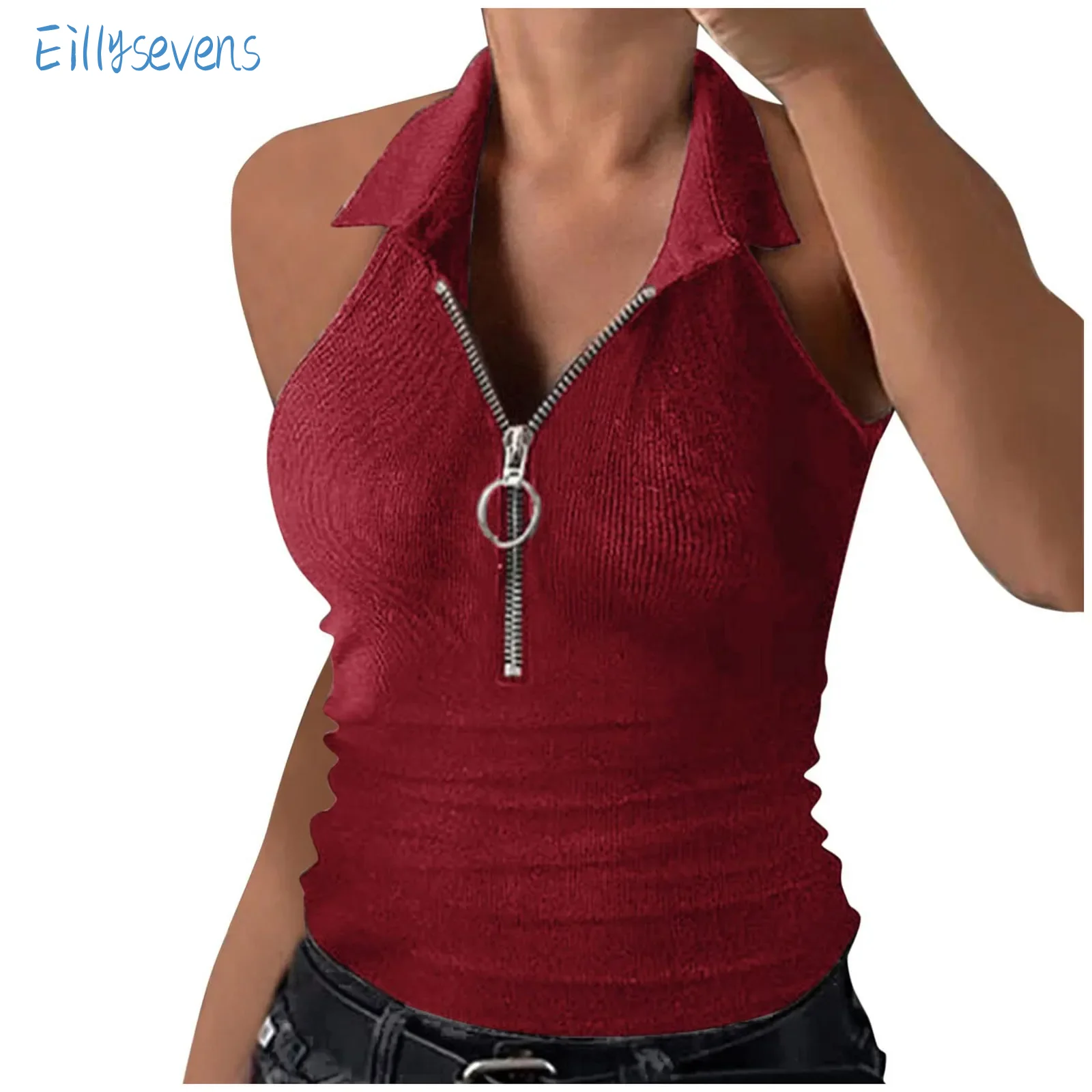 

Women'S Vest Summer Causal Half Zipper V Neck Lapel Tank Tops Fashion Trend Ribbed Slim Fit Solid Color Sleeveless Cami Shirt