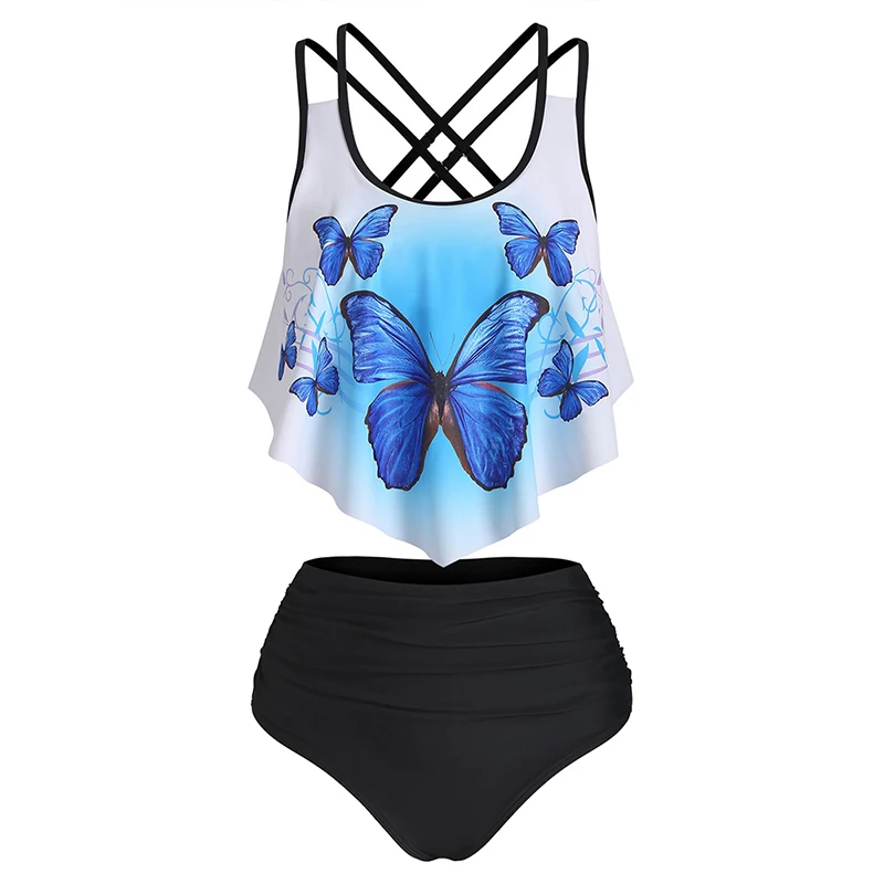 

Crisscross Butterfly Print Tankinis Set Flounce Tankini Swimsuit High Waisted Two Piece Swimwear