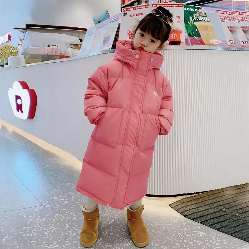 

2023 Winter Girls Jacket Long Solid Cotton Padded Coat Hooded Warm Children Clothing Parka Teens Kids Clothes Outwears 2-12years