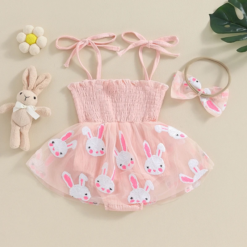 

Newborn Baby Girl Easter Outfit Bunny Romper Dress Sleeveless Halter Tutu Skirt with Headband