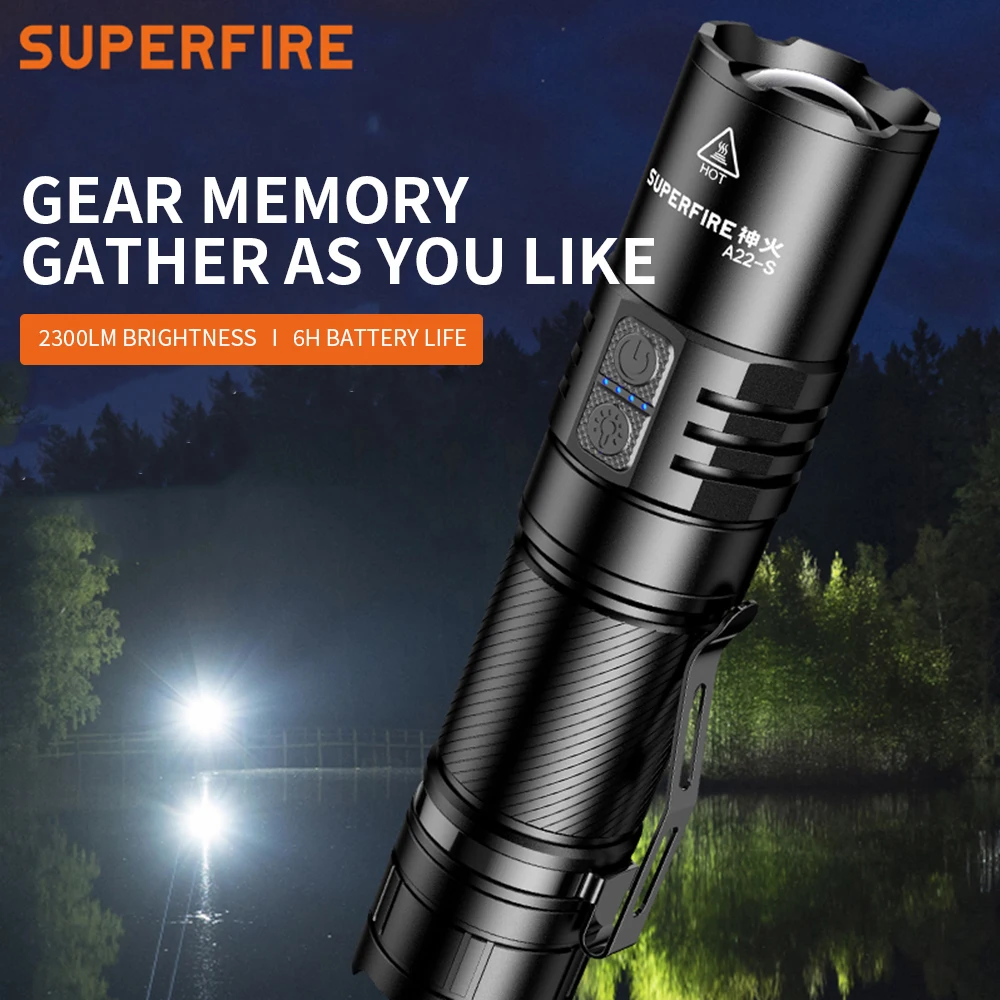 

SUPERFIRE A22-S LED Flashlight High power 36W Zoomable Torch 2300LM With USB Charging 26650 Battery Lantern For Fishing Camping