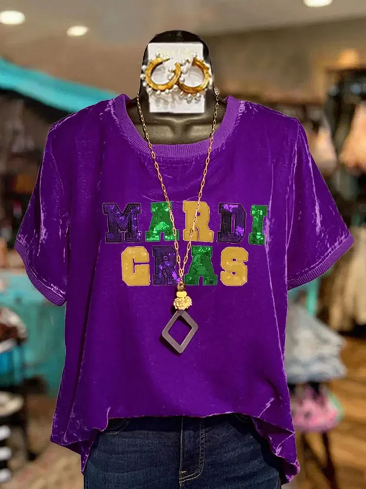 

Mardi Gras Sequined Casual Velvet Top Short Sleeve Crew Neck Casual Top For Summer & Spring