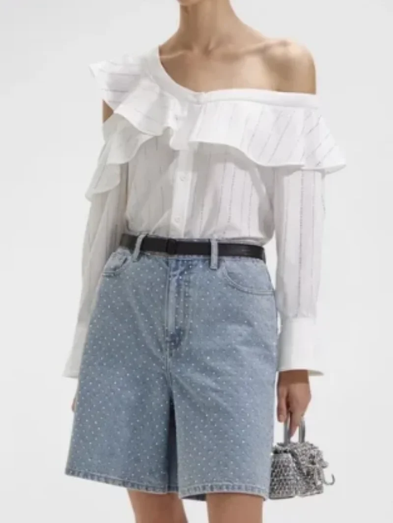 

Women Stripes Blouse Rhinestone Ruffles Off-Shoulder Long Sleeve Single Breasted Elegant Shirt