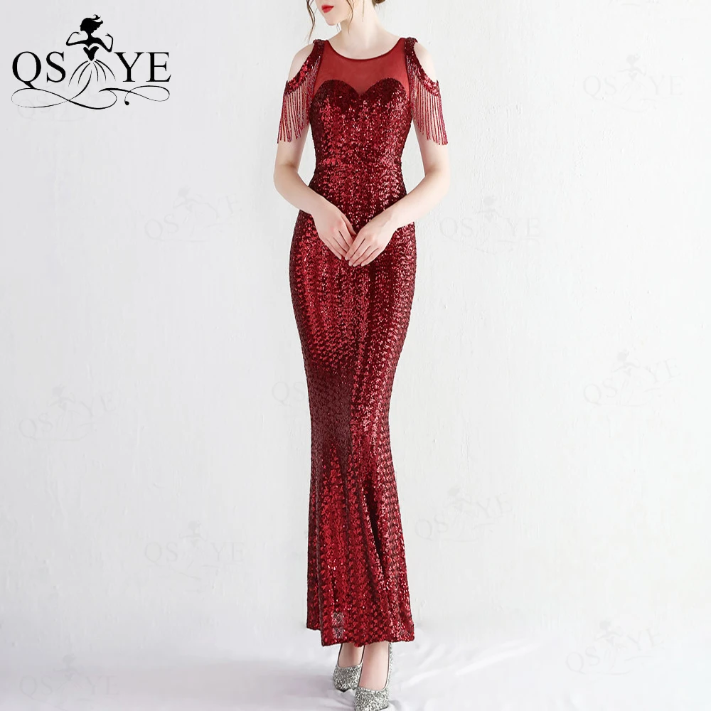 

Burgundy Sequin Prom Dresses Unique Lace Bead Crystal Side Sleeves Evening Gown Scoop Neck Illusion Back Party Formal Dress