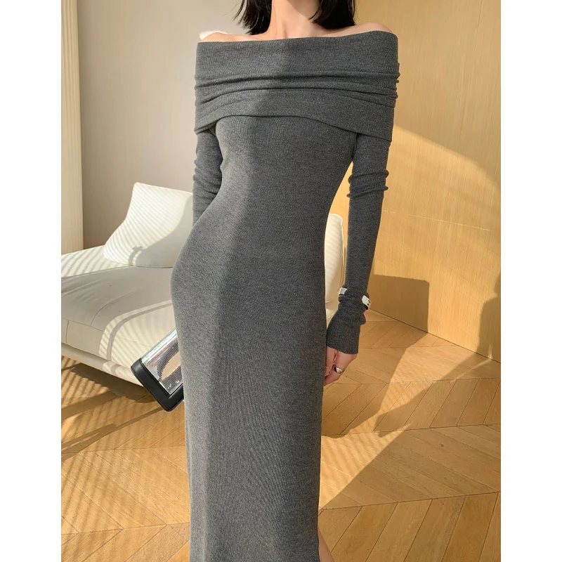 Grey Off Shoulder Knitted Long Sleeve Dress for Women's Spring 2023 New Slim Fit and Slim Length Skirt
Grey Off Shoulder Knitted Long Sleeve Dress for Women's Spring 2023 New Slim Fit and Slim Length Skirt