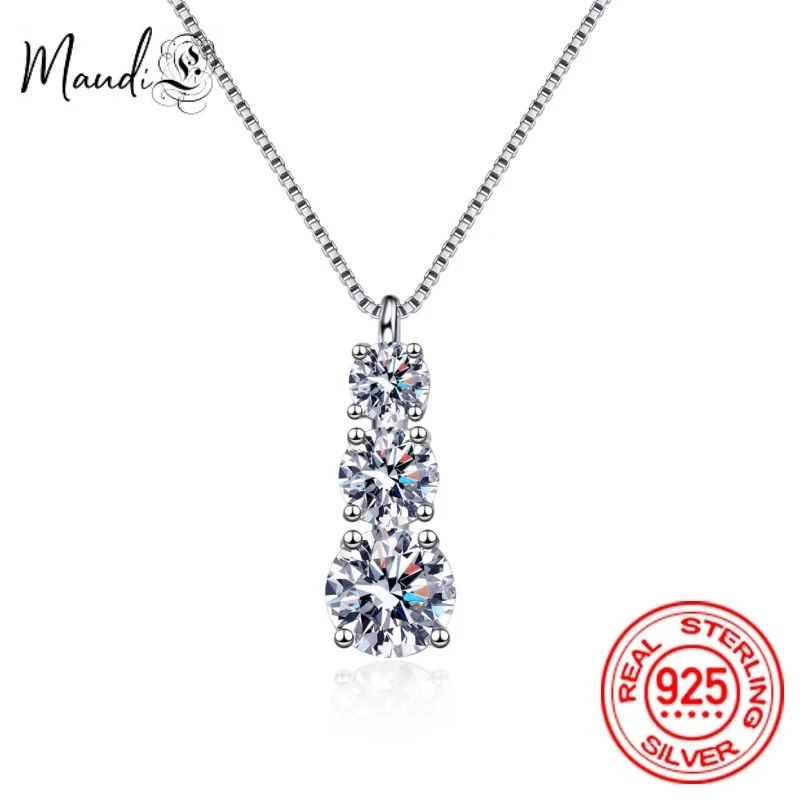 

3 Stones Pendant Moissanite Necklace Rhodium Plated Solid Sterling Silver Necklace For Women Gift GRA Certified Jewelry Sets