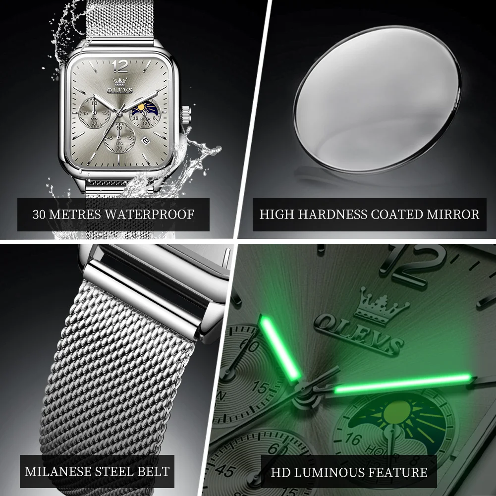 OLEVS-Montre à Quartz Étanche pour Homme, Cadran Carré, Shoous, Phase de Lune, Date, Chronographe, Tendance, Mode Originale 5