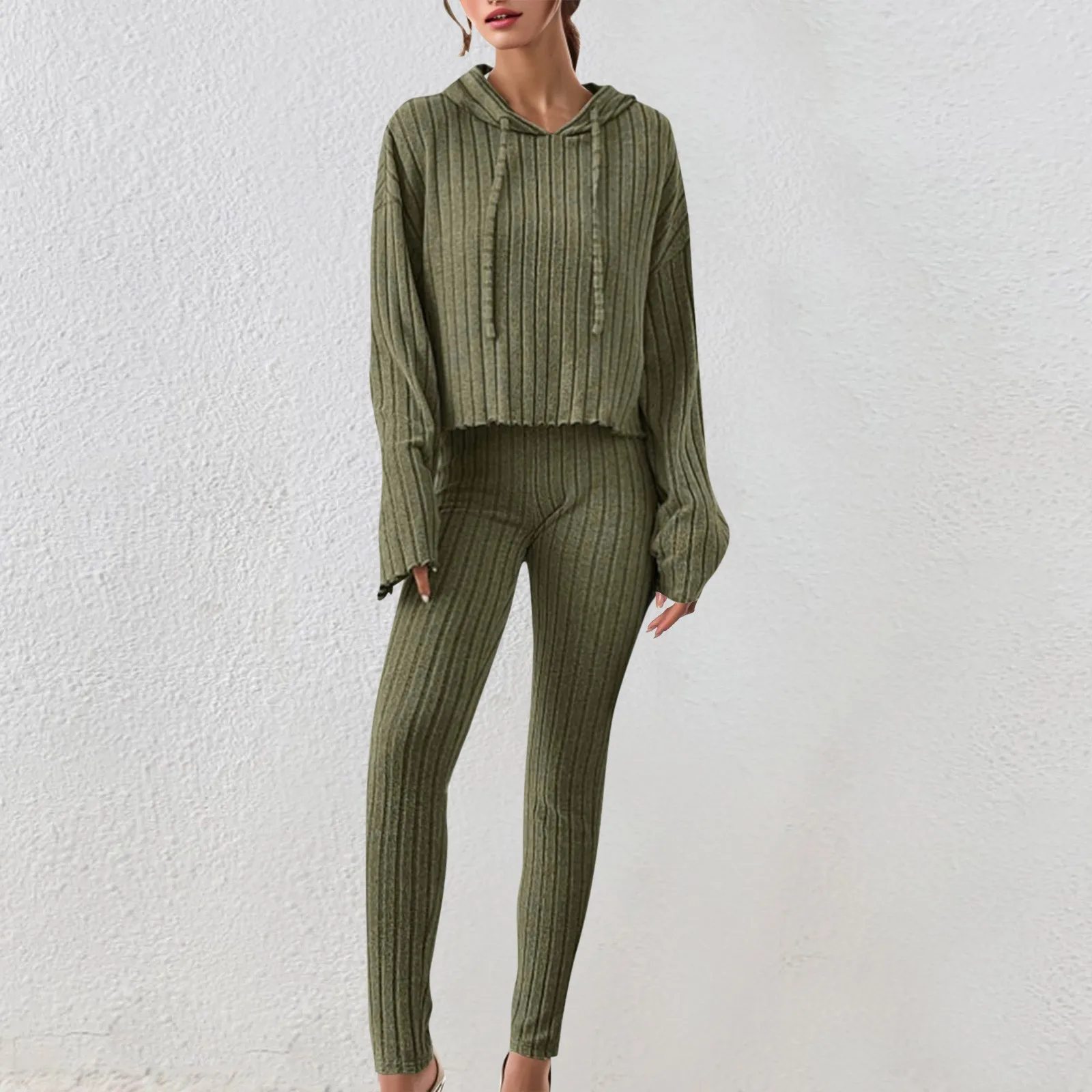 

Women 2 Piece Spring Outfits Solid Color Ribbed Knitted Hoodie And Wide Legs Pants Set Streetwear Aesthetic Tracksuit Clothes