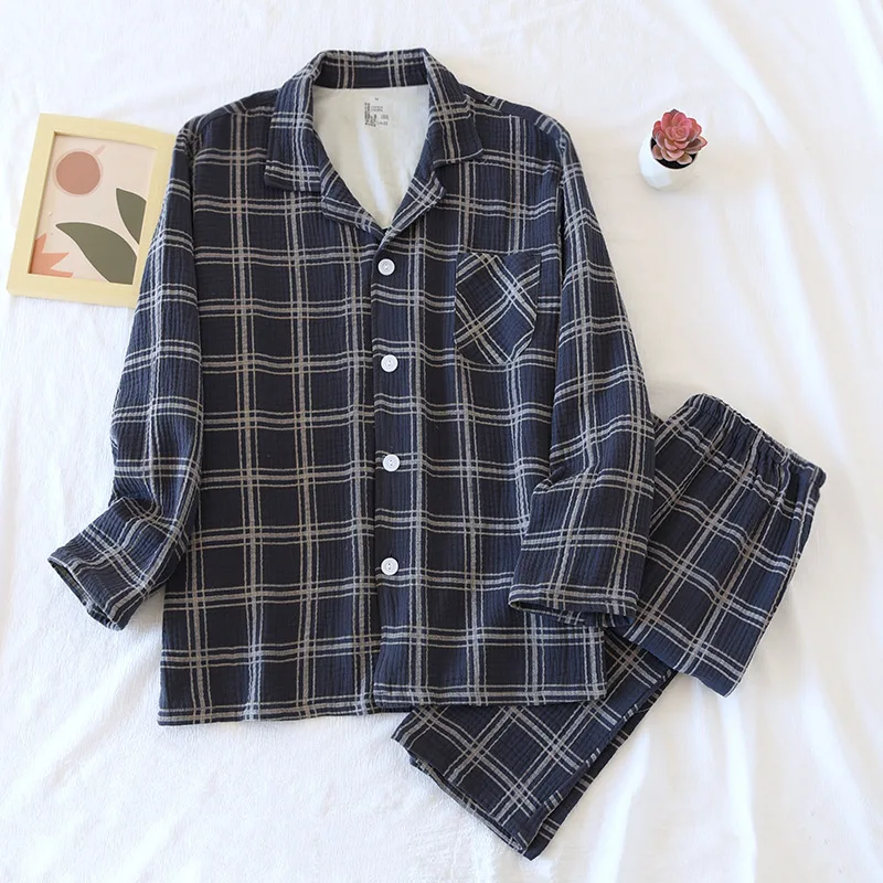 

Japanese new spring and autumn men's 100% cotton crepe plaid pajamas long-sleeved trousers two-piece large size home service set