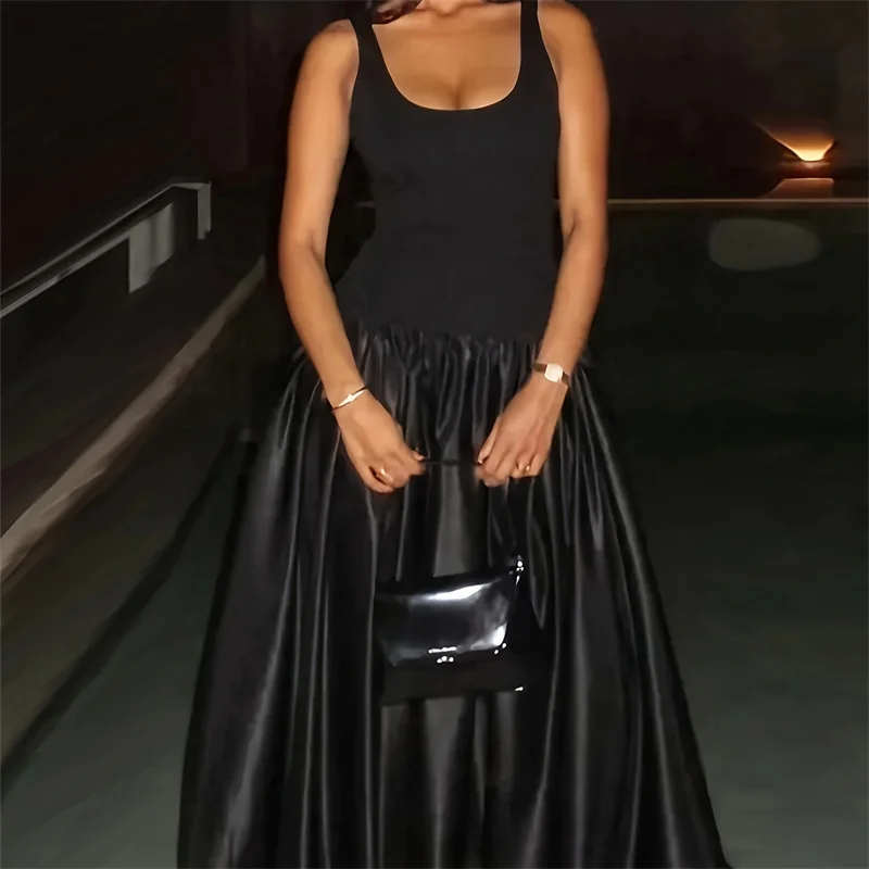Ladies Black Patchwork Sleeveless Square Collar High Waist Flared Leather Dress Autumn Fashion Street Shooting Dress
Ladies Black Patchwork Sleeveless Square Collar High Waist Flared Leather Dress Autumn Fashion Street Shooting Dress