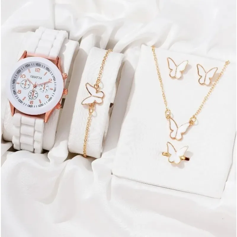 

5PCS Set Luxury Watch Women Ring Necklace Earrings Rhinestone Fashion Wristwatch Female Casual Ladies Watches Bracelet Set Clock