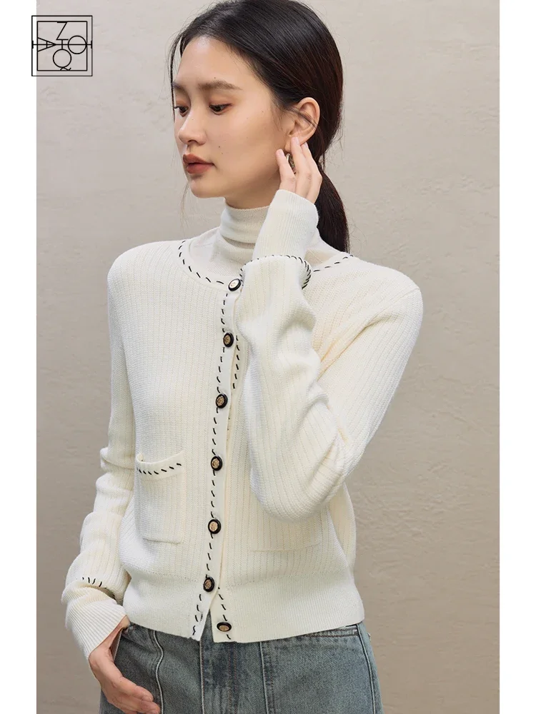 

ZIQIAO 5.5% Wool Women Temperament White Short Cardigans Round Neck Winter Female Sweaters Contrasting Color Line Design Sweater