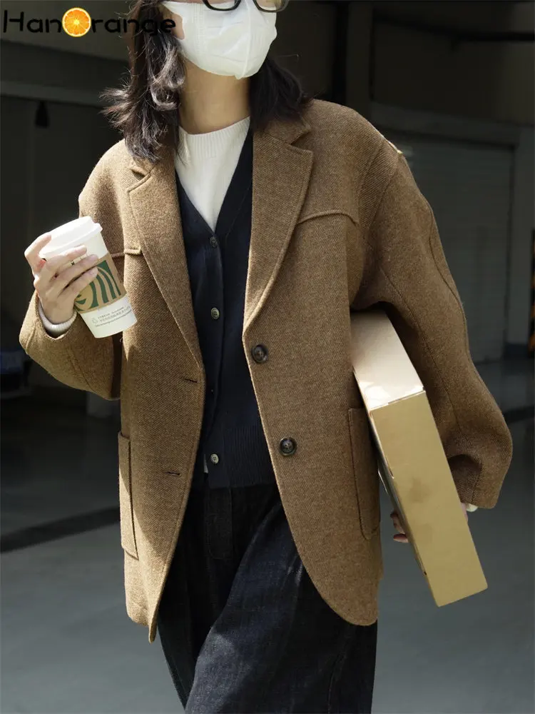 

HanOrange 2024 Winter Casual Vintage Wool Suit Coat Women Loose Fashion Woolen Blazer Jacket Female Brown Coffee Retro