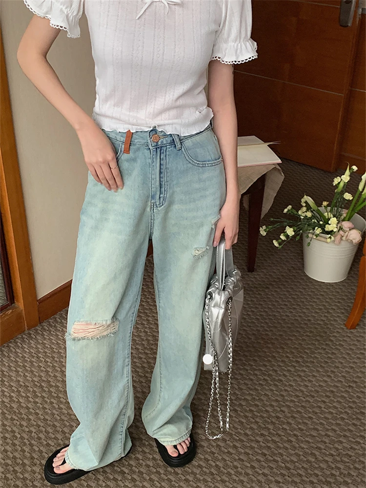 

Women's Broken Hole Design Light Blue Jeans Street Style Bottoms Casual Trousers Female Retro High Waisted Wide Leg Pants