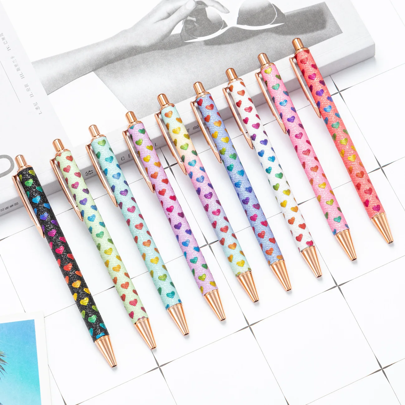 

Sparkly Ballpoint Pens Fancy Glitter Heart Print Pens Metal Daisy Flower Pen Lip Print Pen Black Ink Pretty For Women Girls