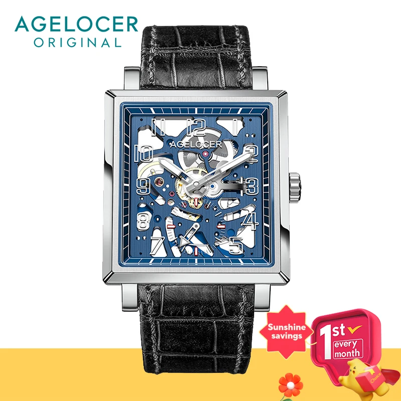 

AGELOCER Men's Square Double Sided Hollow Black Skeleton Automatic Mechanical Stainless Steel Luminous Analog Dress Watch