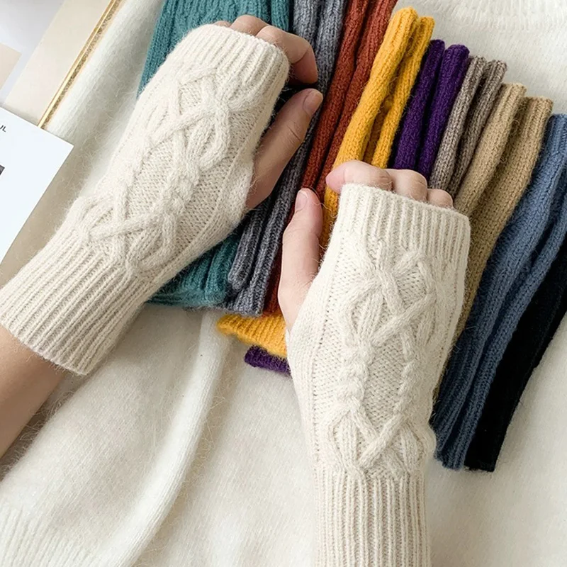 

Colors Warm Wool Fingerless Gloves Women Winter Knitted Half Finger Arm Cover Wrist Sleeve Soft Crochet Twist Pattern Mittens