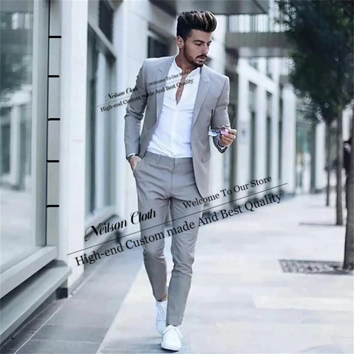 

Fashion Gray Men Suits Peaked Lapel Groom Wedding Tuxedos 2 Pieces Set Male Prom Blazers Slim Fit Groomsmen Terno Masculino