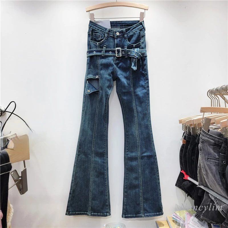 

2023 Autumn New Slimming Bootcut Pants Denim High Waist Flare Trousers Horn Mop Pants Cool Style Women Belt Stitching Jeans