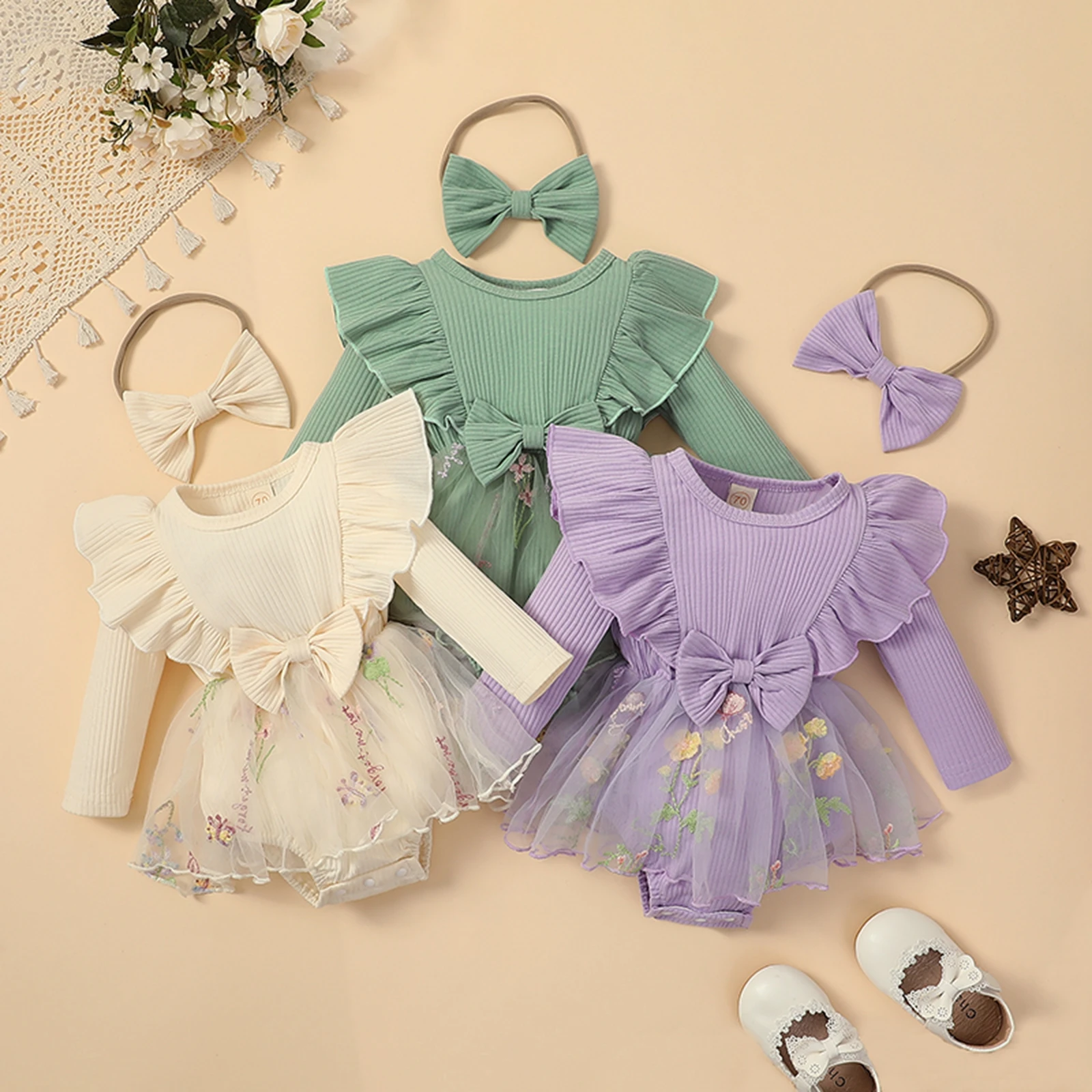 

Infant Baby Girl Romper Dress Rib Knit Butterfly Flower Embroidery Skirt Hem Jumpsuits Bodysuits Clothes with Headband