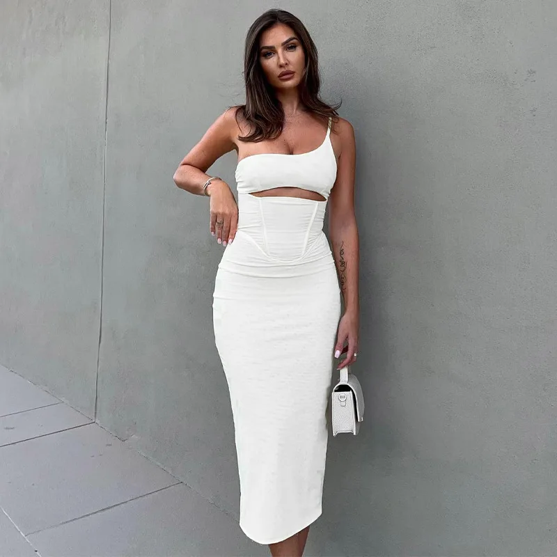 

Fashion Female Party Solid Outfits Y2K Corset Dress Women Sexy One Shoulder Hollow Out Bodycon Midi Dresses Summer 2022