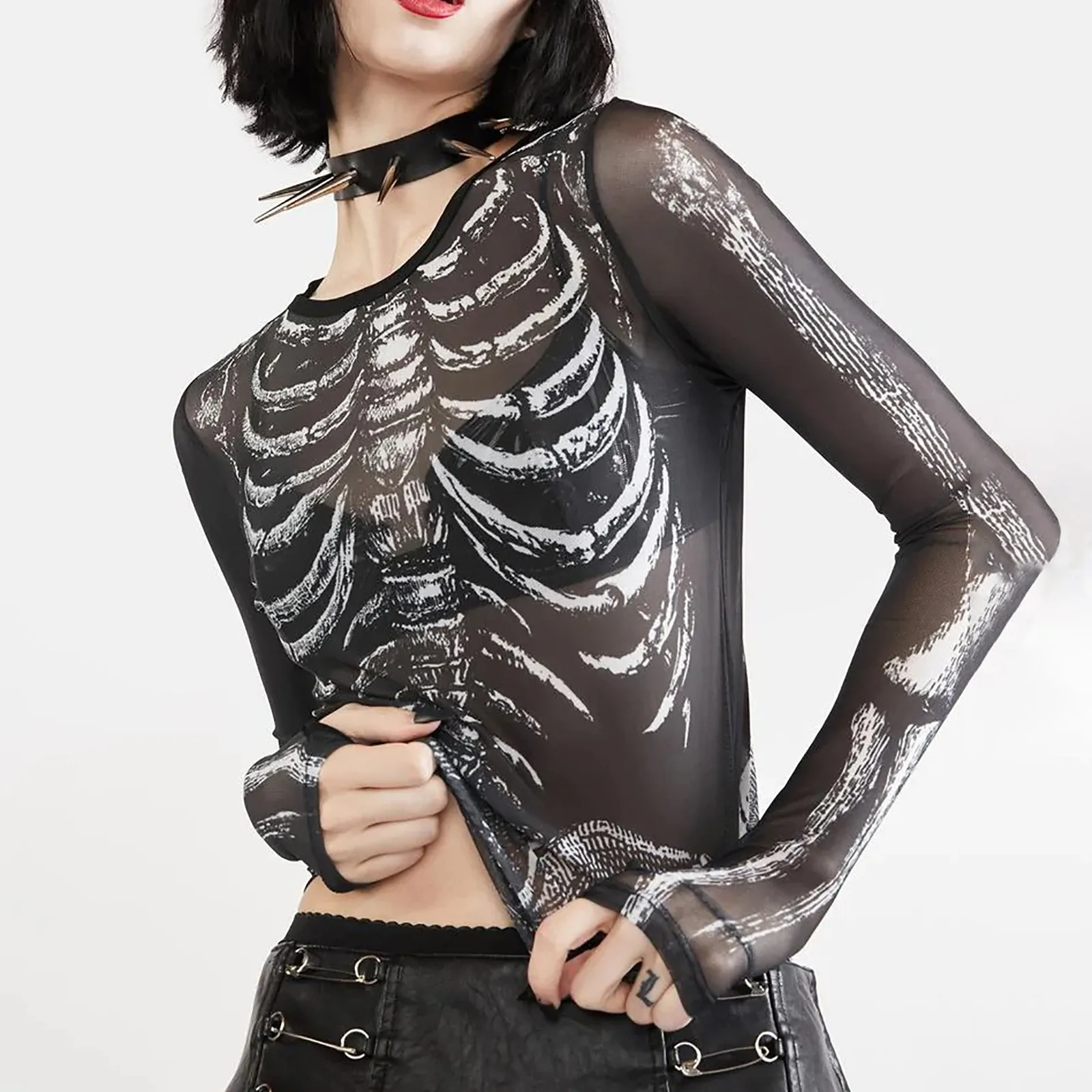 Punk Mesh Skeleton Printed Casual European Skull Women Round Neck Pullover Shirt Women Pack Blouses y2k Long Sleeved Crop Tops
Punk Mesh Skeleton Printed Casual European Skull Women Round Neck Pullover Shirt Women Pack Blouses y2k Long Sleeved Crop Tops