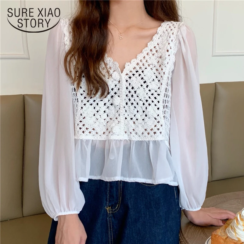 

New Casual Office V Neck Blouse Women Top Fashion Chiffon Hollow Out Women's Shirt Puff Long Sleeve Female Clothing Blusas 22003