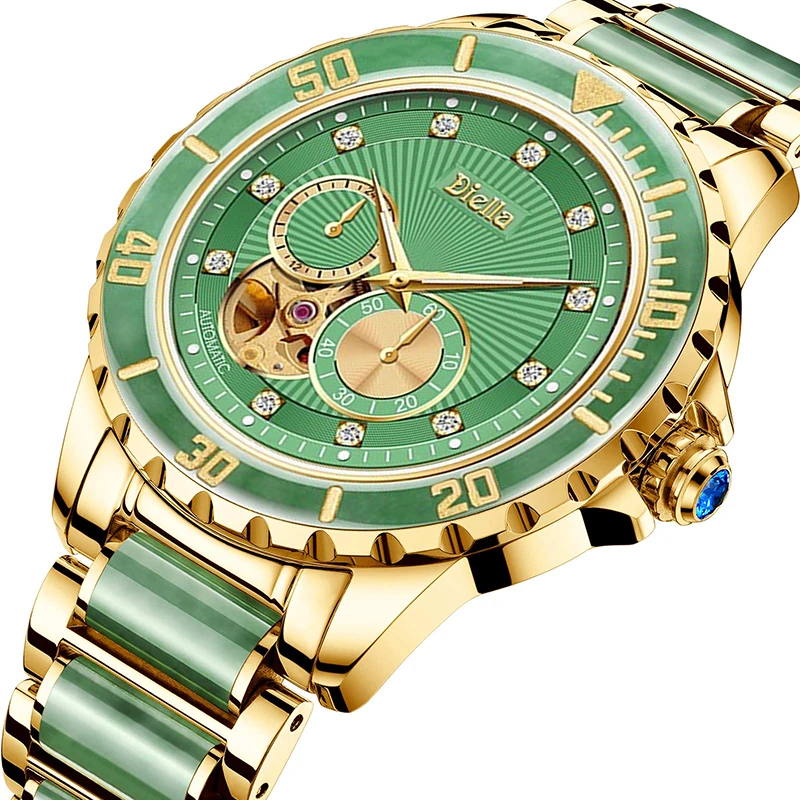 

DIELLA 100% Natural Jade Men Skeleton Wristwatches Luxury Hetian Emerald Pilot Mens Automatic Mechanical Fashion Sapphire Clock