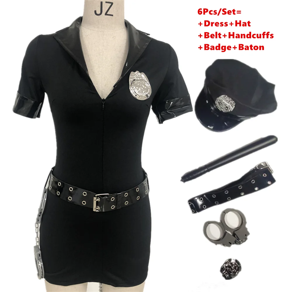 

S-3XL Hot Buy Black Sexy Cop Officer Uniform Outfit Police Costume For Women Halloween Cosplay Policewoman Fancy Dress