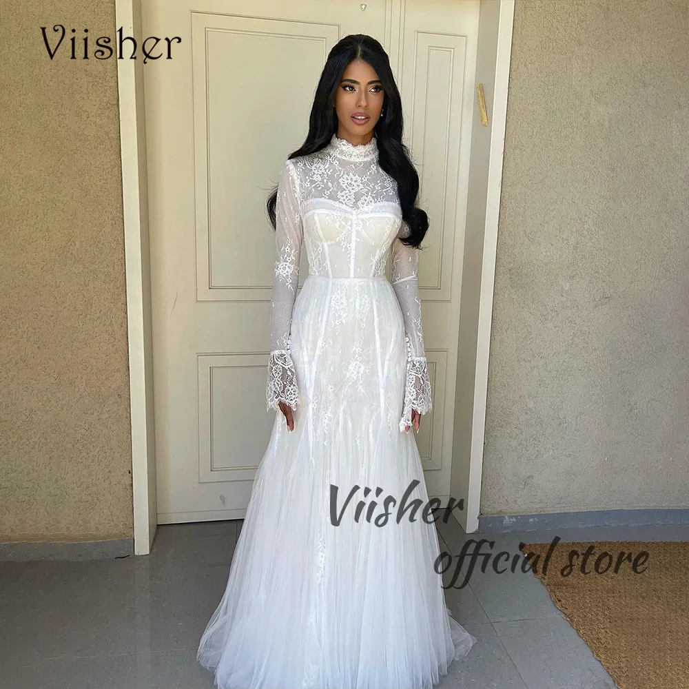 

Свадебные платья Viisher Израиль Meramid, белое кружевное Тюлевое платье невесты с длинным рукавом и высоким воротом Дубай, Индивидуальные женские свадебные платья