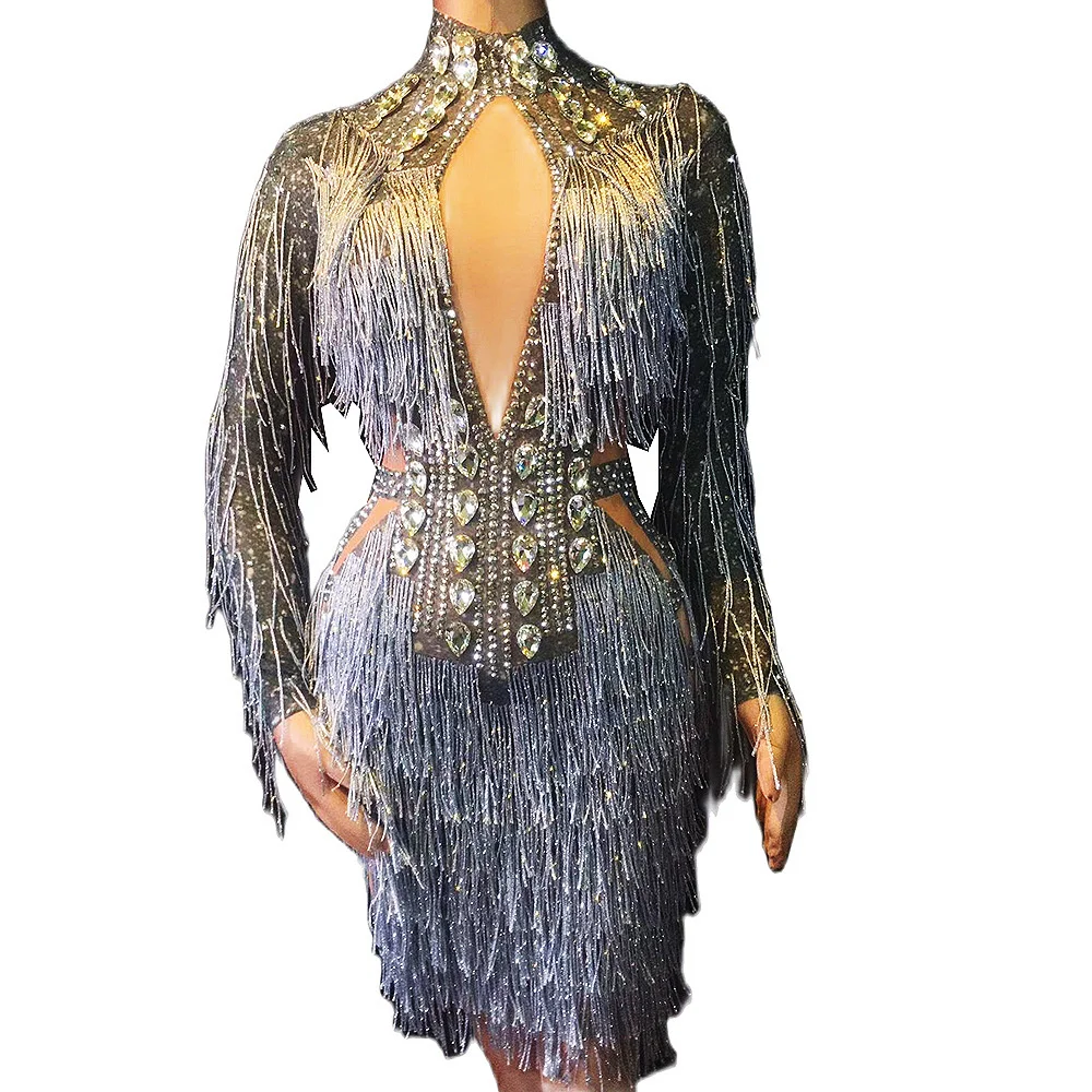 Sparkling Rhinestone Crystal Grey Fringes Women Bodycon Evening Dresses Bling Dress Nightclub Party Show Performance Stage Wear
Sparkling Rhinestone Crystal Grey Fringes Women Bodycon Evening Dresses Bling Dress Nightclub Party Show Performance Stage Wear